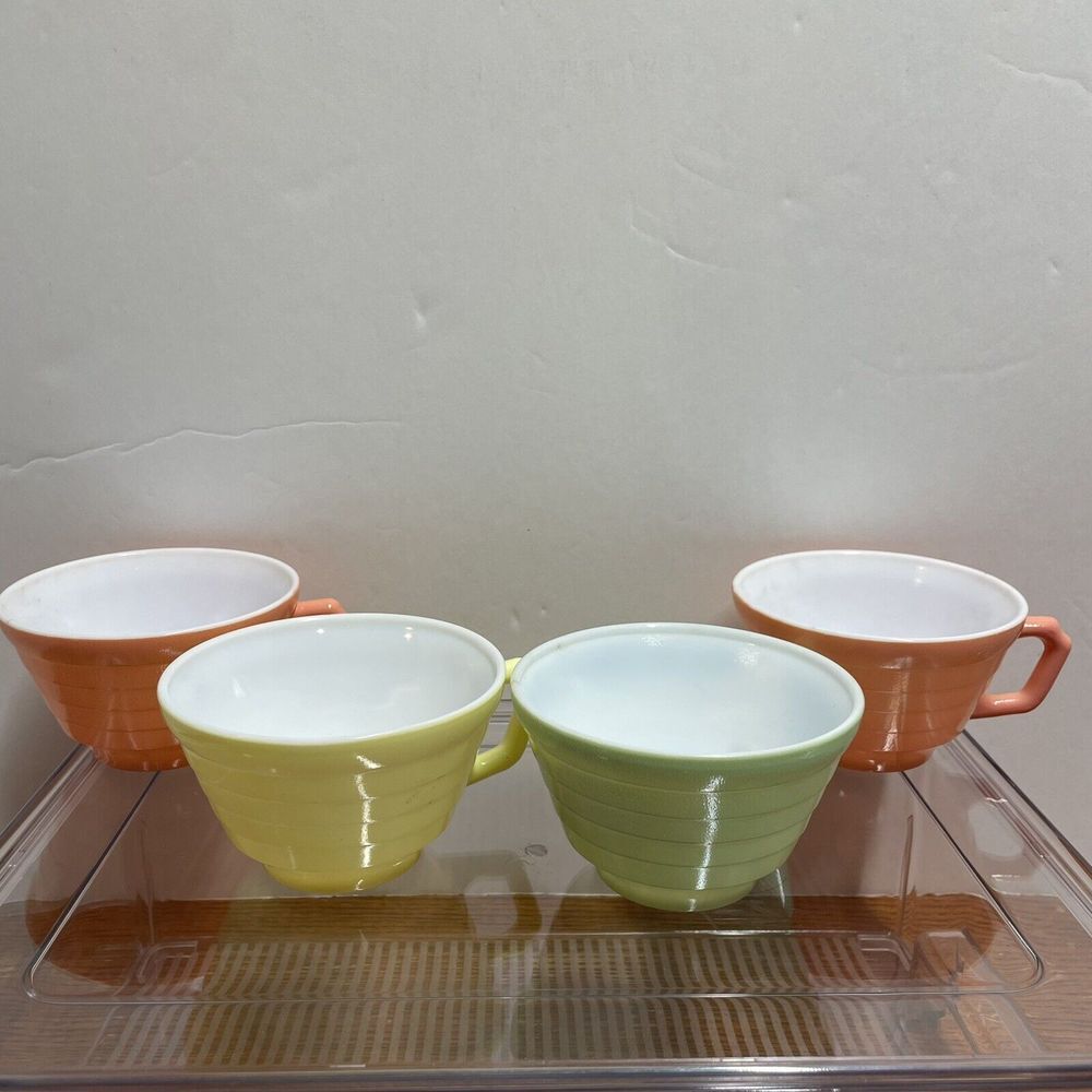 4 VTG Hazel Atlas Moderntone Platonite Coffee Tea Cup Pastel Pink Green Yellow